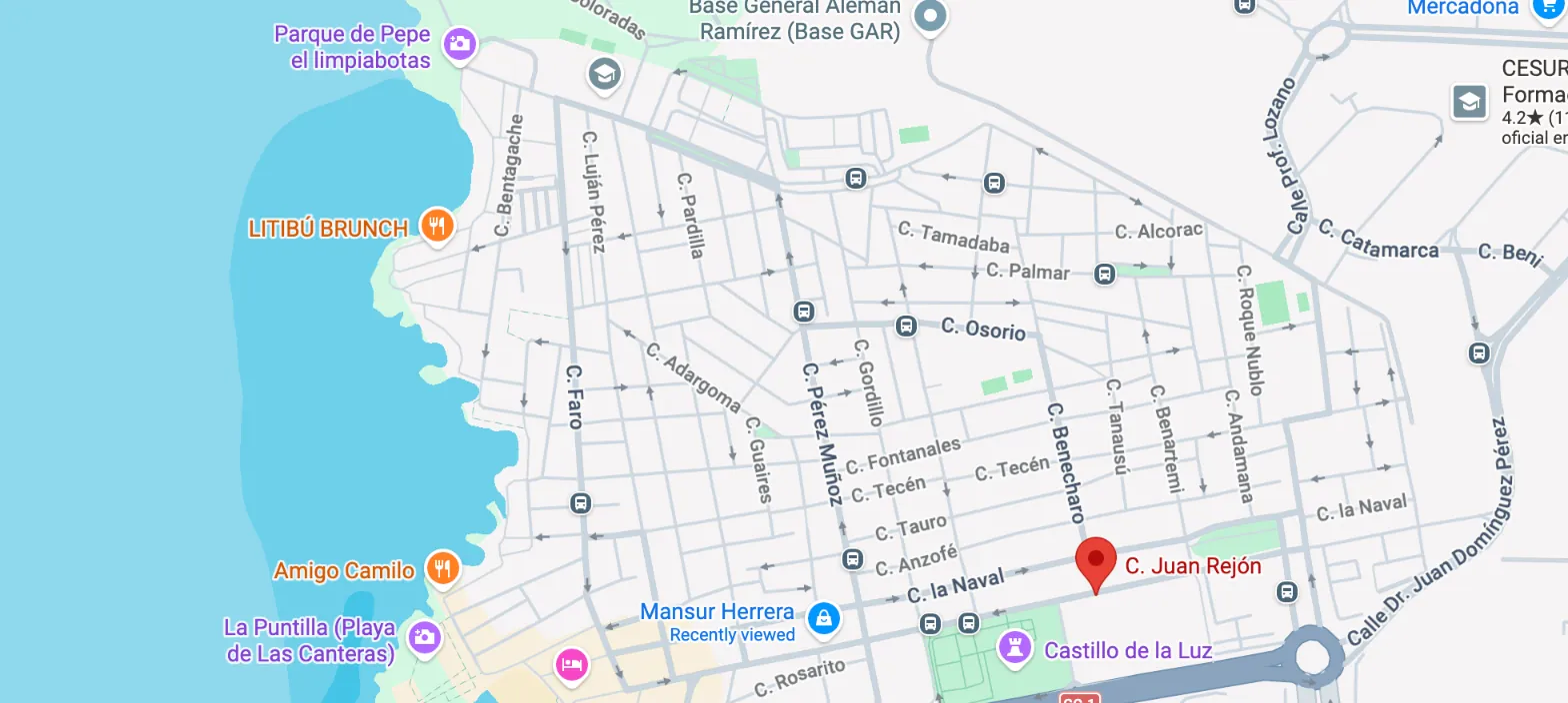 Mapa de La Isleta con la ubicación de Calle Juan Rejón, junto a la playa de Las Canteras